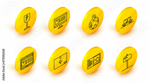 Set line Open mail box, Postcard, Cardboard with traffic symbol, Laptop app delivery tracking, Railway carriage, Worldwide, Computer monitor and Fragile broken glass icon. Vector