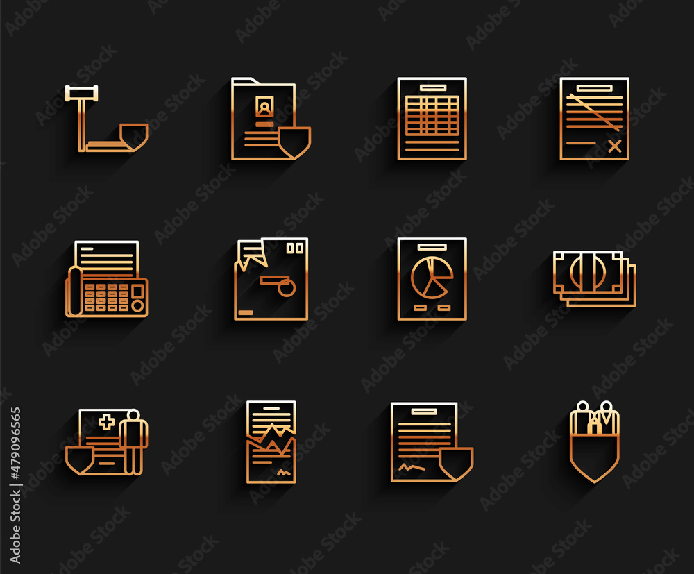 Set line Medical clipboard with clinical record, Torn contract, Judge gavel shield, Contract, Family insurance, Ordered envelope, Stacks paper money cash and Document graph chart icon. Vector Set line Medical clipboard with clinical record, Torn contract, Judge gavel shield, Contract, Family insurance, Ordered envelope, Stacks paper money cash and Document graph chart icon. Vector