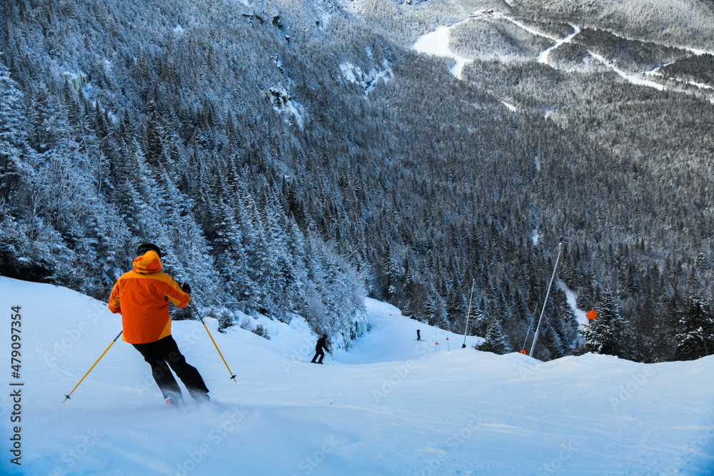 Motion photo of  skier in bright orange jacket downhill. Amazing winter landscape around with fresh powder snow.