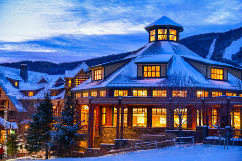 Stowe Mountain Ski Resort in Vermont, Spruce peak village at night.