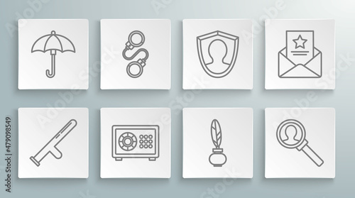 Set line Police rubber baton, Handcuffs, Safe, Feather inkwell, Magnifying glass for search, User protection, The arrest warrant and Umbrella icon. Vector