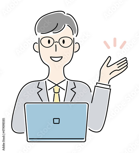 手描き風・パソコンを前に笑顔で案内する男性のベクターイラスト