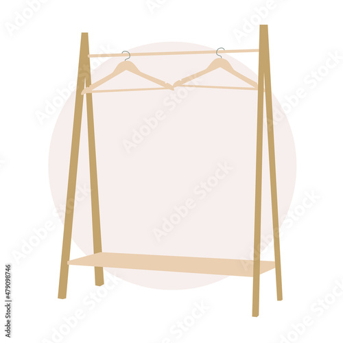 Wooden hanger rack. Wardrobe. Empty wooden clothes rack with clothes hanger. Furniture and Interior concept