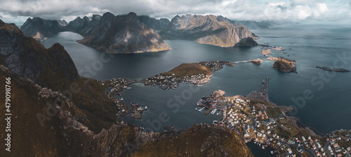 The fantastic view from Reinebringen by drone. Lofoten Islands, Norway photo