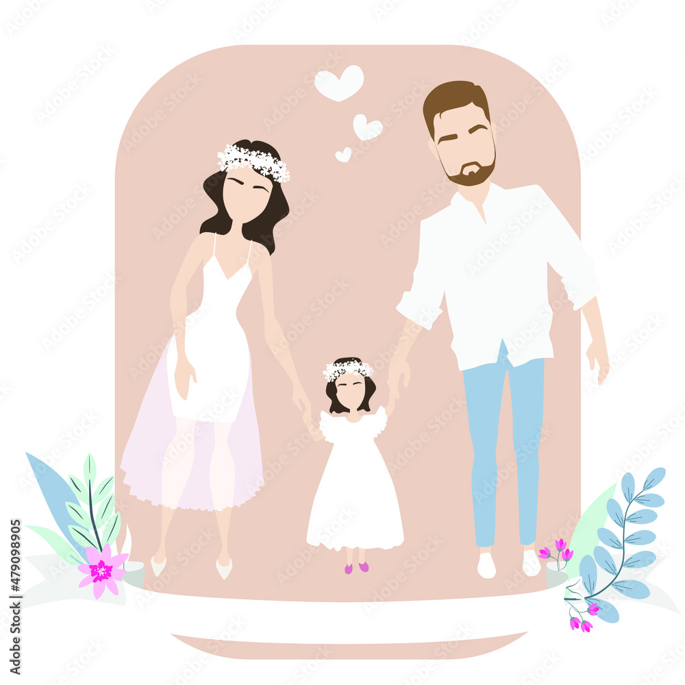 Family portrait. Mother, father and daughter. Wedding with a child. Wedding illustration is perfect for invitation card. Family portrait. Mother, father and daughter. Wedding with a child. Wedding illustration is perfect for invitation card.
