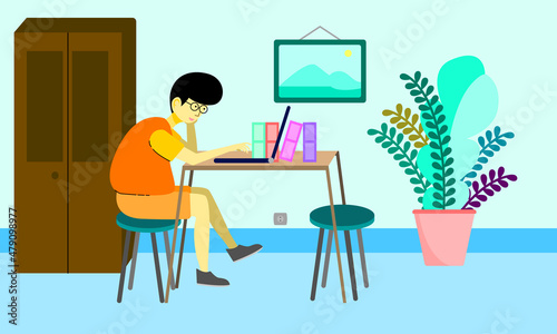 Illustration of a boy learning from home with laptop. A male figure using laptop while sitting flat vector illustration. Suitable for study or work related design.