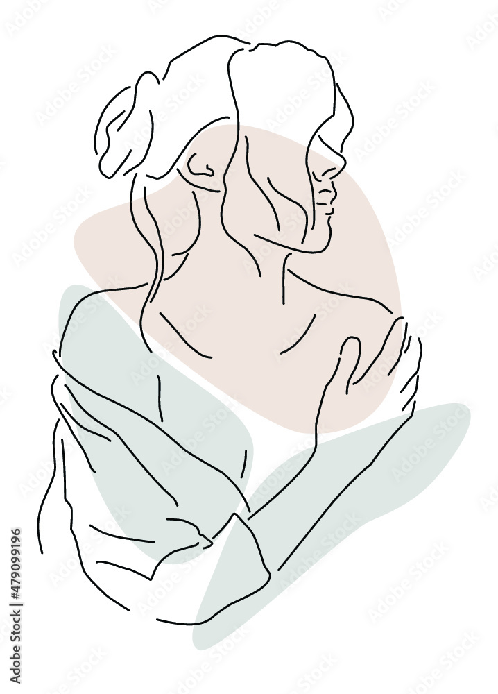 Woman's portrait with elegant pose. Natural hair style. Minimalistic line hand drawn portrait. Skin care. Beauty routine. Take care about yourself. Contemporary portrait. Woman's portrait with elegant pose. Natural hair style. Minimalistic line hand drawn portrait. Skin care. Beauty routine. Take care about yourself. Contemporary portrait.