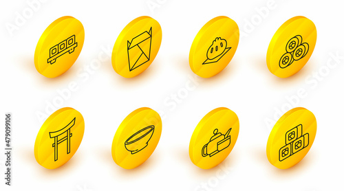 Set line Sushi, Japanese tea ceremony, Bowl of hot soup, Gate, Khinkali cutting board, Rstaurant opened take out box filled and icon. Vector
