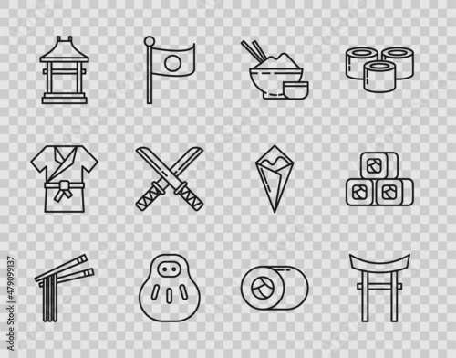 Set line Asian noodles and chopsticks, Japan Gate, Rice in bowl with, Maneki neko cat, Traditional Japanese katana, Sushi and icon. Vector