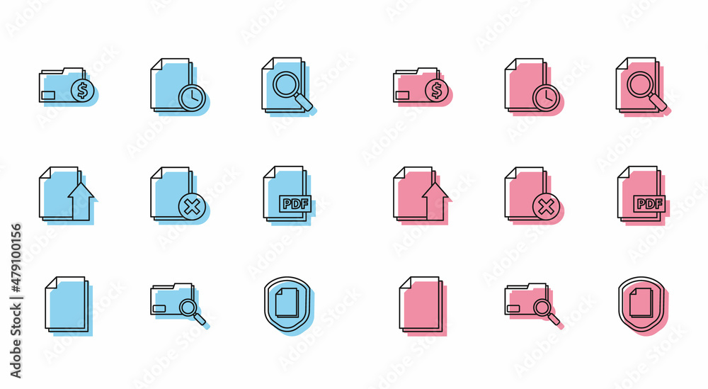 Set line Document, Search concept with folder, Finance document, protection, Delete file, PDF, Upload and clock icon. Vector Set line Document, Search concept with folder, Finance document, protection, Delete file, PDF, Upload and clock icon. Vector