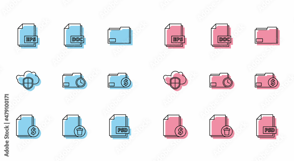 Set line Finance document, Delete file, EPS, PSD, Document folder with clock, Cloud and shield and DOC icon. Vector Set line Finance document, Delete file, EPS, PSD, Document folder with clock, Cloud and shield and DOC icon. Vector