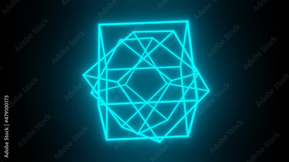 Bright blue edges of the cubes create a symmetrical shape, the cubes begin to rotate, and eventually the original shape appears again. Composition of three cubes with a common center and neon edges. Bright blue edges of the cubes create a symmetrical shape, the cubes begin to rotate, and eventually the original shape appears again. Composition of three cubes with a common center and neon edges.