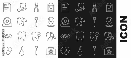 Set line First aid kit, Dental search, clinic location, pliers, for dental care tooth, Otolaryngological head reflector, Clipboard with card and inspection mirror icon. Vector