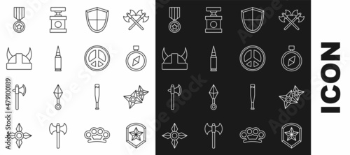 Set line Police badge, Japanese ninja shuriken, Compass, Shield, Bullet, Viking horned helmet, Military reward medal and Peace icon. Vector