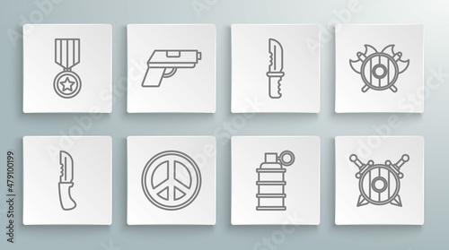 Set line Military knife, Pistol or gun, Peace, Hand grenade, Wooden shield with crossed swords, Medieval axes and reward medal icon. Vector