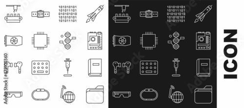 Set line Document folder, User manual, Motherboard, Binary code, Processor with microcircuits CPU, Video graphic card, Factory conveyor system belt and DNA symbol icon. Vector