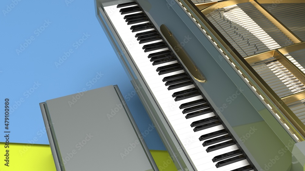Silver-Gold Grand Piano on yellow-sky blue background. 3D illustration. 3D CG. 3D high quality rendering. Silver-Gold Grand Piano on yellow-sky blue background. 3D illustration. 3D CG. 3D high quality rendering.