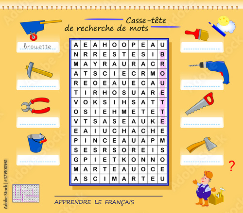 LEARN FRENCH. Word search puzzle. Logic game with working tools for study French. Find the words and write the letters. Printable worksheet for kids school textbook. Page for brain teaser book.