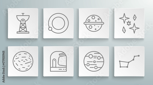 Set line Planet Mars, Satellites orbiting the planet Earth, Astronaut helmet, Great Bear constellation, Venus, and dish icon. Vector