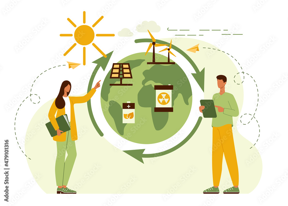 Naklejka premium Renewable alternative energy. Concept ecology friendly power and electricity. Solar panel, turbine, windmill, battery, nuclear reactor. Save the environment and planet earth. Flat vector illustration