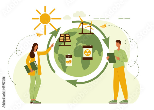 Renewable alternative energy. Concept ecology friendly power and electricity. Solar panel, turbine, windmill, battery, nuclear reactor. Save the environment and planet earth. Flat vector illustration