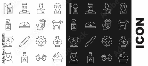 Set line Pets bath, shampoo, Dog, Veterinarian doctor, bed, Dental hygiene for pets and Hair clipper icon. Vector