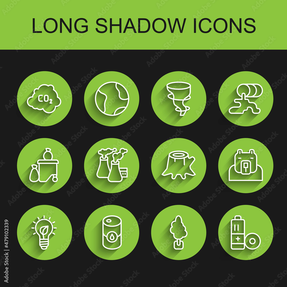 Set line Light bulb with leaf, Barrel oil, CO2 emissions in cloud, Tree, Battery, Smoke from factory, Polar bear head and stump icon. Vector Set line Light bulb with leaf, Barrel oil, CO2 emissions in cloud, Tree, Battery, Smoke from factory, Polar bear head and stump icon. Vector