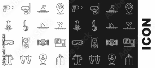 Set line Aqualung, Action camera, Whale tail in ocean wave, Floating buoy the sea, Knife, Octopus, Fishing harpoon and Shark fin icon. Vector