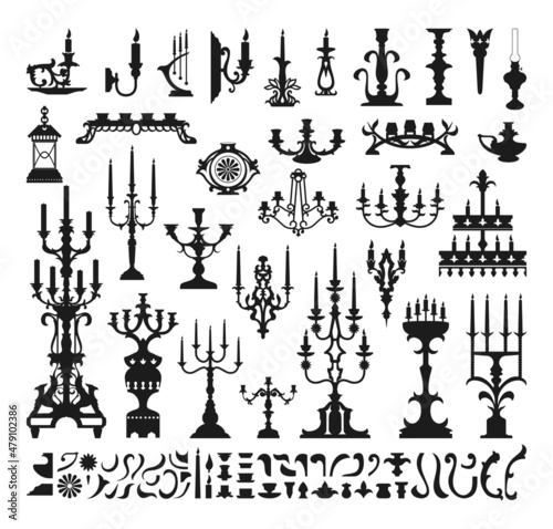 Collection of black and white candles and candlesticks isolated on white background. Elements for decoration.