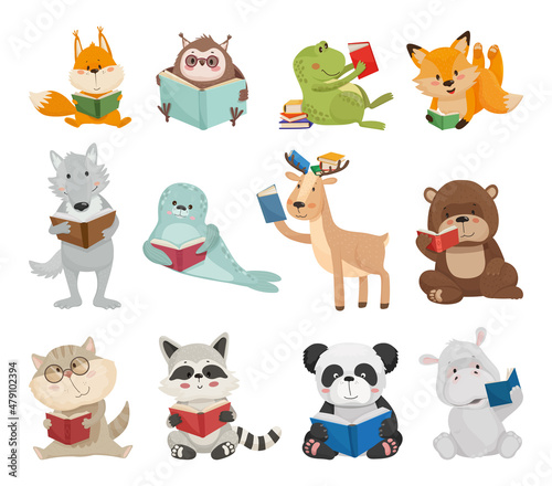 Vector collection of cute cartoon animals with books. Characters for children's books, cards, stickers, prints. Illustrations for kids. © Marina