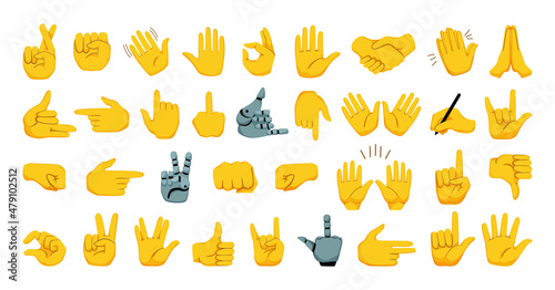 Collection of emoticons for smartphones, apps, creating stickers and cards. Vector hands and gestures in cartoon style.