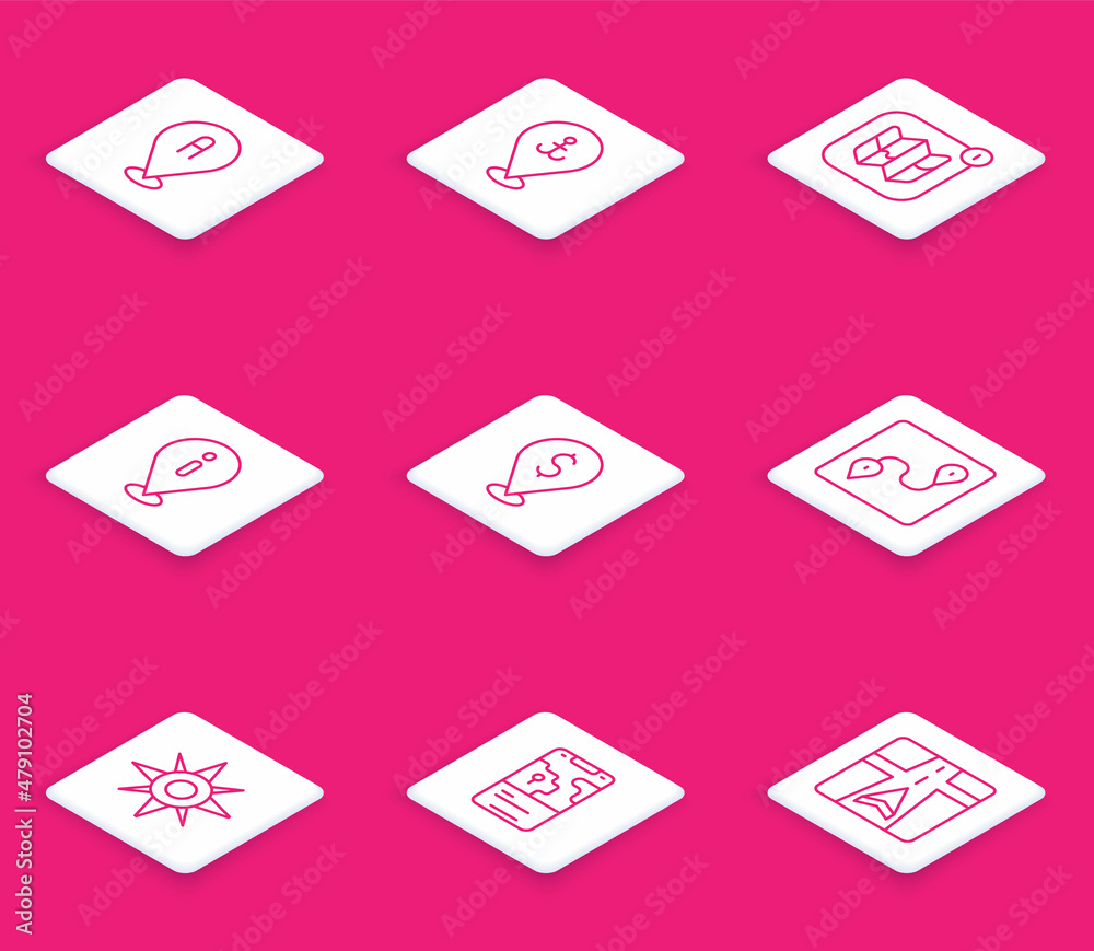 Set line Location, with anchor, Infographic of city map, information, Cash location, Route, Wind rose and City navigation icon. Vector
