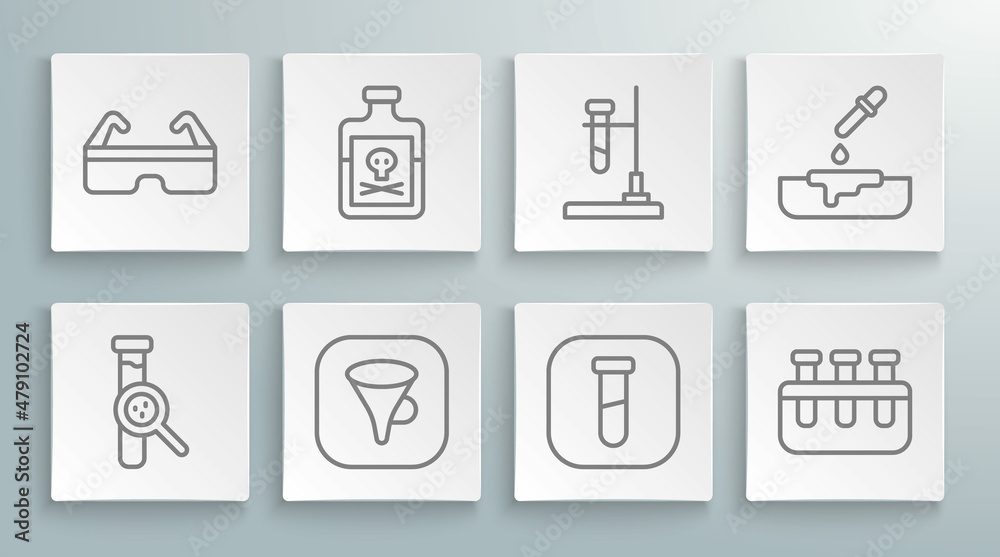 Set line Test tube and flask, Poison in bottle, Funnel or filter, fire, Petri dish with pipette and Safety goggle glasses icon. Vector Set line Test tube and flask, Poison in bottle, Funnel or filter, fire, Petri dish with pipette and Safety goggle glasses icon. Vector
