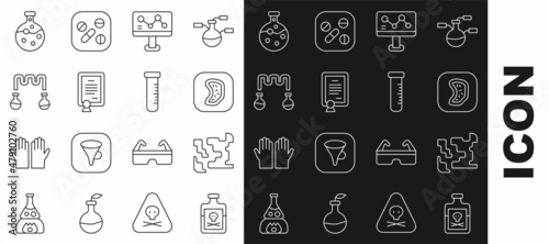 Set line Poison in bottle, Gaseous, Bacteria, Chemical formula, Certificate template, Test tube and flask, and icon. Vector