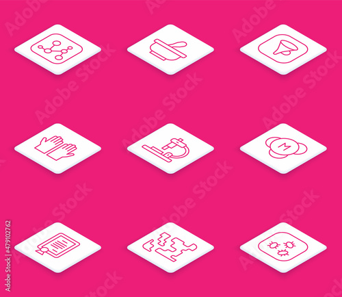 Set line Chemical formula, Mortar and pestle, Funnel filter, Medical rubber gloves, Microscope, Molecule, Certificate template and Gaseous icon. Vector
