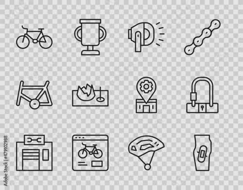 Set line Bicycle repair service, Plaster on leg, head lamp, rental mobile app, street ramp, helmet and lock icon. Vector