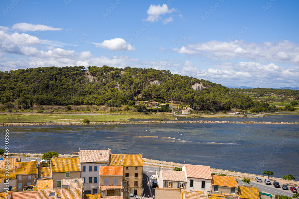 The town of Gruissan facing its pond in Europe, France, Occitanie, Herault, in summer, on a sunny day.