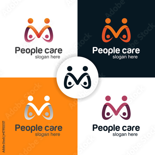 initials letter M human or people group or family care, unity logo design vector template