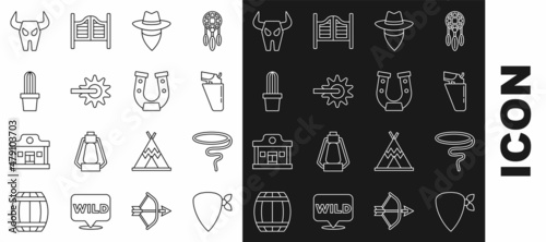 Set line Cowboy bandana, Lasso, Revolver gun in holster, Spur, Cactus peyote pot, Buffalo skull and Horseshoe icon. Vector
