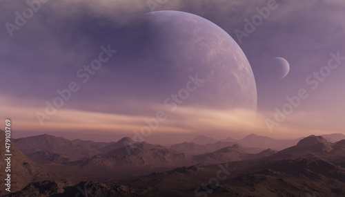 3d rendered Space Art  Alien Planet - A Fantasy Landscape with blue skies and clouds