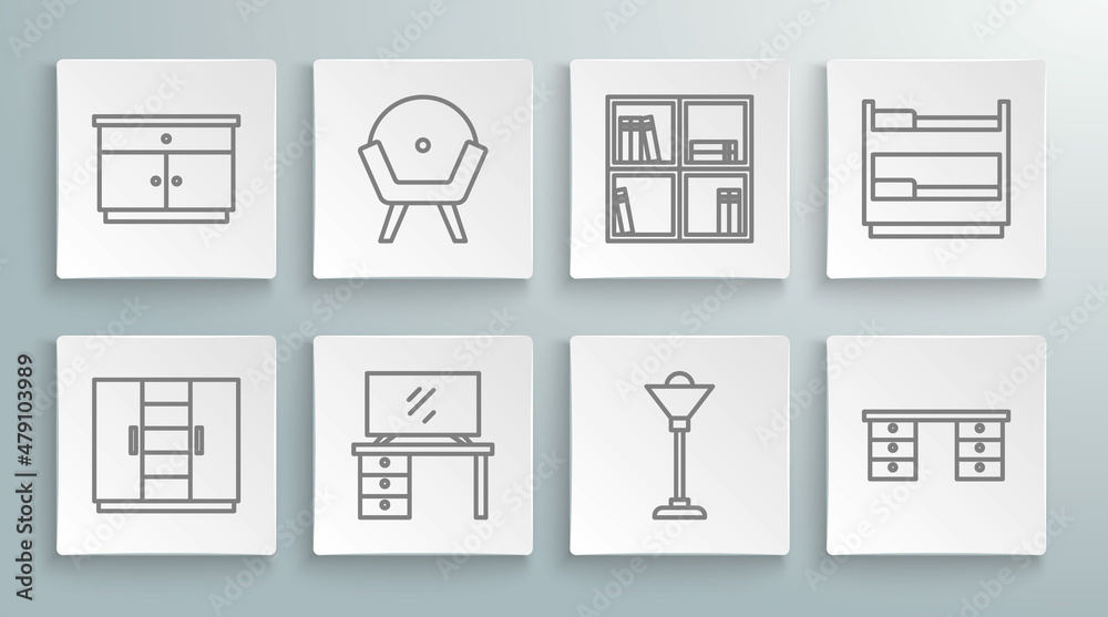 Set line Wardrobe, Armchair, TV table stand, Floor lamp, Office desk, Shelf with books, Bunk bed and Furniture nightstand icon. Vector Set line Wardrobe, Armchair, TV table stand, Floor lamp, Office desk, Shelf with books, Bunk bed and Furniture nightstand icon. Vector