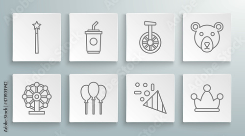 Set line Ferris wheel, Paper glass with water, Balloons ribbon, Festive confetti, Jester hat bells, Unicycle or one bicycle, Bear head and Magic wand icon. Vector
