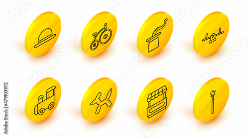 Set line Magic wand, Fast street food cart, Balloon dog, Toy train, Seesaw, Magician hat, Vintage bicycle and Clown icon. Vector