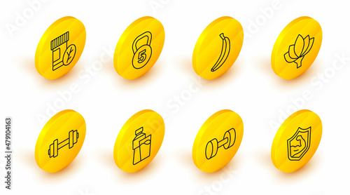 Set line Bodybuilder muscle, Dumbbell, Bottle of water with glass, Lotus flower, Banana, Weight and Vitamin pill icon. Vector
