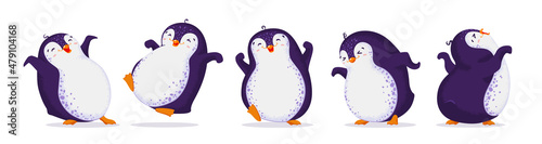 Set of cute dancing penguins in different poses. Vector illustration in cartoon style. All elements are isolated. White background.