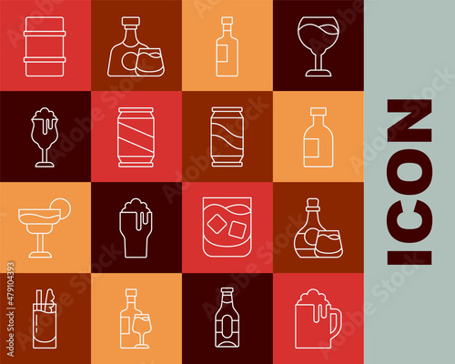 Set line Wooden beer mug, Whiskey bottle and glass, Glass of vodka, Wine, Beer can, Metal keg and icon. Vector