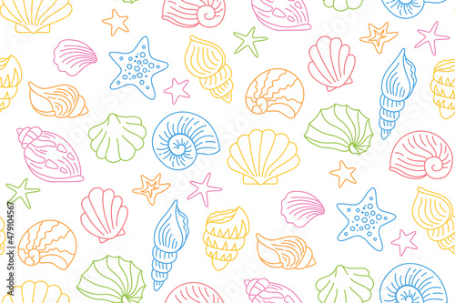Seashells doodle multicolor wallpaper. Ocean marine shell, starfish mollusk, conch sink scrapbook seamless pattern. Outline repeat ornament. Contour hand drawn vector texture fabric packaging