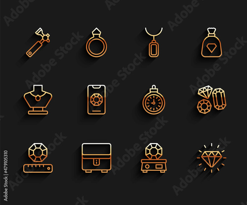 Set line Gem stone, Jewelry box, Jewelers lupe, Diamond, online shopping, and Pocket watch icon. Vector