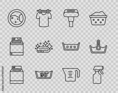 Set line Washer, Water spray bottle, Garment steamer, Temperature wash, Towel stack, Measuring cup and icon. Vector