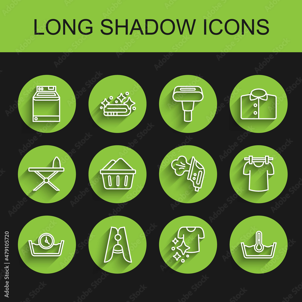 Set line Time wash, Clothes pin, Washer, Drying clothes, Temperature, Basin with soap suds, and Electric iron icon. Vector Set line Time wash, Clothes pin, Washer, Drying clothes, Temperature, Basin with soap suds, and Electric iron icon. Vector